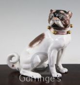 A Dresden porcelain model of a seated Pug dog, early 20th century, blue printed mark and impressed