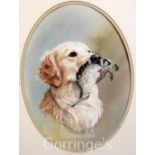 Jennifer A. Bellpair of watercolours,Labrador and Spaniel with game,signed,ovals, 15 x 11in.