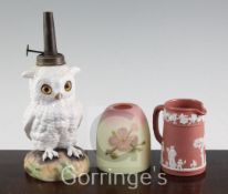 A Continental porcelain 'owl' oil lamp base, a Wedgwood terracotta jasper jug and a Queen's