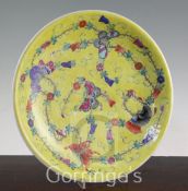 A Chinese yellow ground 'butterfly' dish, 20th century, decorated with butterflies, flowers and