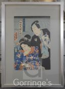 Kunisada / Toyokuni3 woodblock prints,Woman with kimono, Courtesans on a terrace and actors,