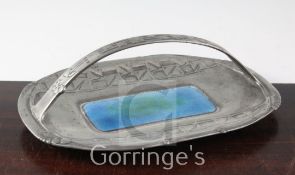 A Liberty & Co English pewter basket, with enamelled central panel, 0357, 12in.