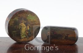 An early 19th century tortoiseshell snuff box, decorated with lovers beside a well, 3.5in. and a