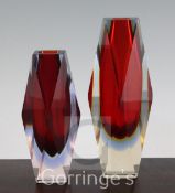 Two Murano three colour Sommerso faceted glass vases, possibly Mandruzzato, 1960's-70's, 16.5cm -