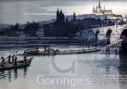 John Edgar Platt (1886-1967)woodblock print,View of Prague from the river,signed in pencil,overall