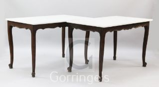 A pair of French stained beech centre tables, with veined white marble tops, W.3ft 9in.