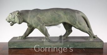 A French Art Deco painted terracotta figure of a panther, on rectangular plinth base, signed H.