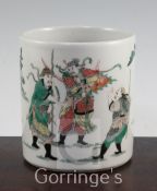 A Chinese famille verte brush pot, Kangxi mark but later, painted with three figures in a landscape,