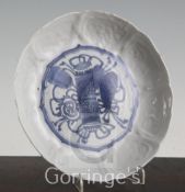 A Chinese Kraak blue and white petal lobed dish, early 17th century, painted to the centre with