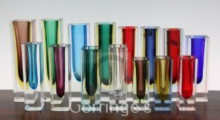 Fifteen Murano Sommerso glass square section vases, 1950's-70's, various colours and sizes, 12cm -