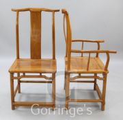 A set of eight Chinese softwood dining chairs, comprising two carvers and six singles