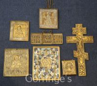 A group of 19th century and later Russian brass and champleve icons, including two triptychs,