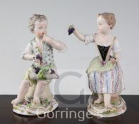 Two Meissen figures of grapepickers, 19th century, each seated on a basket, the boy Marcolini