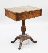 A 19th century French figured walnut work table, with internal writing slope, W.2ft 1in.