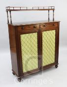 A George IV mahogany chiffonier, with raised upper tier, two drawers and two brass grille doors,
