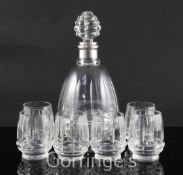 A Bohemian silver mounted cut glass decanter and stopper and six matching small tumblers, decanter