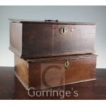 Two small 18th century oak boxes, each plain with moulded top edges, 17in. and 15in.