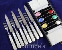A cased set of six 1960's silver and polychrome enamel bean end coffee spoons, Turner & Simpson Ltd,