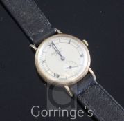 A gentleman's late 1920's 9ct gold J.W. Benson manual wind wrist watch, with Roman and baton