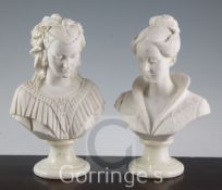 Two white moulded simulated parian busts of ladies, each 10in. high