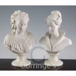 Two white moulded simulated parian busts of ladies, each 10in. high