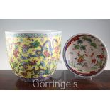 A Chinese yellow ground jardiniere, painted with dragons and peonies, 12in. diameter, and an Imari
