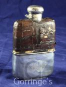 An Edwardian silver and crocodile skin mounted glass hip flask, the cup with engraved monogram,