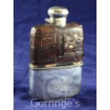 An Edwardian silver and crocodile skin mounted glass hip flask, the cup with engraved monogram,