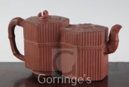 A Yixing pottery double hexagonal teapot and cover, 19th century, slight losses to sprigged