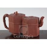 A Yixing pottery double hexagonal teapot and cover, 19th century, slight losses to sprigged