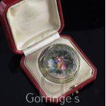 An early 20th century continental silver and yellow guilloche enamel compact in original box, the