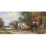 Frederick E. Jamiesonoil on canvas,Figures and horses by a hay cart,signed,8 x 16in.