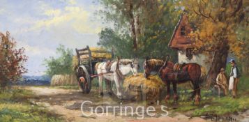 Frederick E. Jamiesonoil on canvas,Figures and horses by a hay cart,signed,8 x 16in.