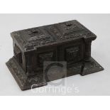 A miniature 17th century style Italian carved oak cassone, fitted with a pair of mask carved