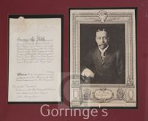 A George V citation for the Order of St Michael and St George to John Murray Esq, signed by the King