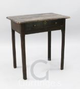 An early 19th century oak side table, fitted one long drawer, raised on square moulded legs, width