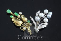 A gold, chrysophase, jade and cultured pearl spray brooch and a silver spray brooch, 2.25in & 1.75in