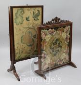 Two needlework fire screens, the first with pull up and slide out secondary screens, both woven with