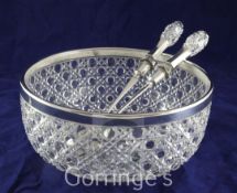 A plated mounted hobnail cut glass salad bowl and pair of salad servers, dia. 10in.