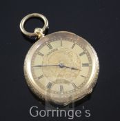 An early 20th century continental 18ct gold fob watch, with foliate engraved case and similar yellow