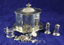 A silver albert and other miscellaneous jewellery, silver mustard pot, pair of plated peppers and