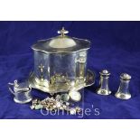 A silver albert and other miscellaneous jewellery, silver mustard pot, pair of plated peppers and