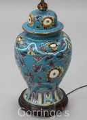 A Chinese fahua-decorated lamp base, 97cm to fitting, silk shade