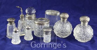 A pair of late Victorian silver mounted hobnail cut glass globular scent bottles, JHW, Birmingham,