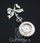 An early 20th century Swiss silver and enamel fob watch and bow brooch, with Roman dial, the