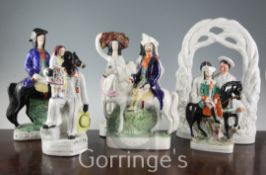 Six Staffordshire pottery groups, including Uncle Tom, Tom King and Dick Turpin, 22cm - 34.5cm