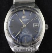 A gentleman's 1970's stainless steel IWC Yacht Club automatic wrist watch, the blue dial with