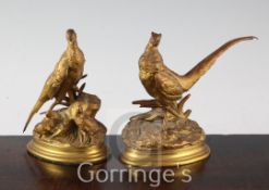 After Jules Moigniez (1835-1894). A pair of gilt bronze pheasants, the hen with two chicks, each