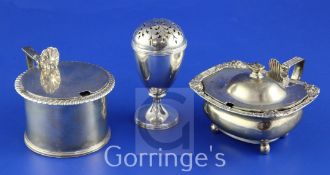 A George III silver vase shaped pedestal pepperette, with engraved armorial, John Emes, London,