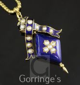 A late Victorian gold, blue guilloche enamel and split pearl drop pendant locket necklace, with